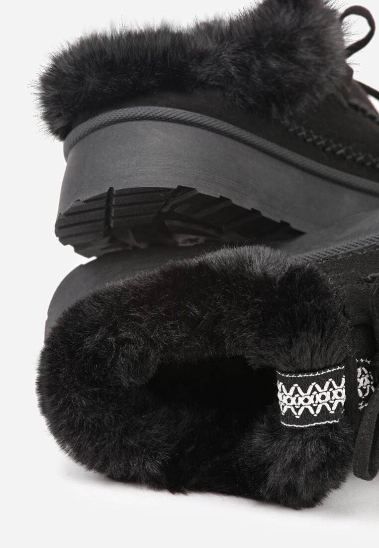 Czarne Rustykalne Śniegowce z Niską Cholewką Zdobione Futrem i Kokardą Tuspena