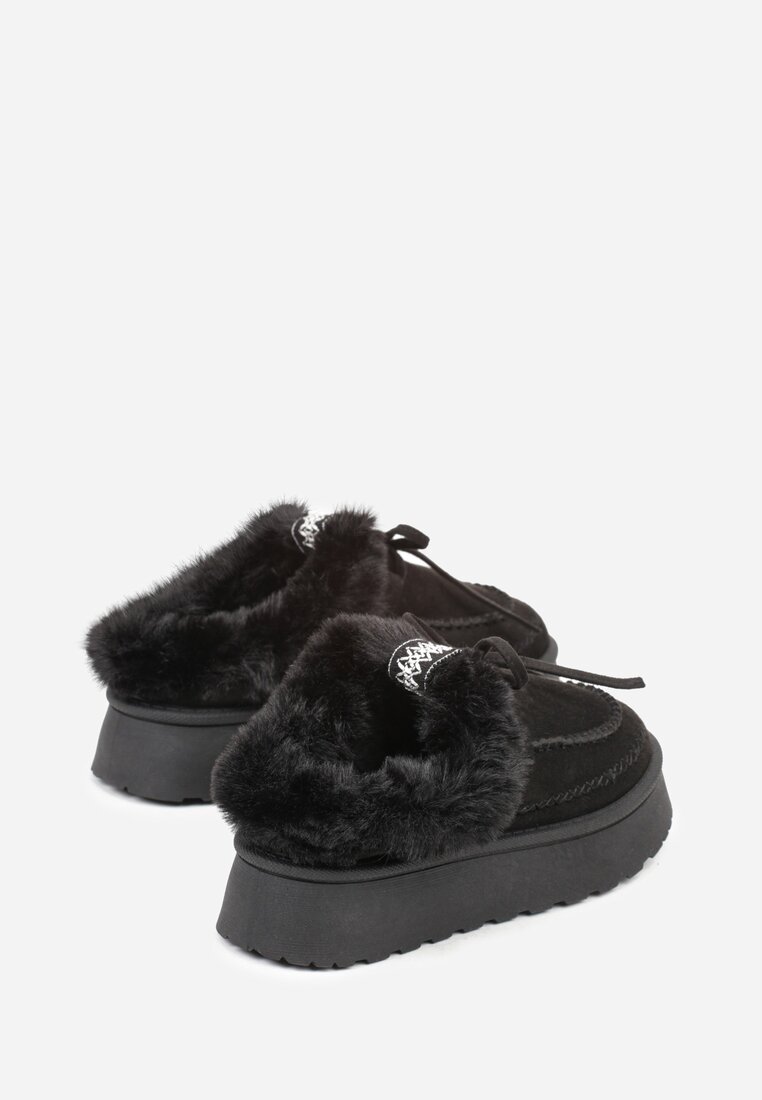 Czarne Rustykalne Śniegowce z Niską Cholewką Zdobione Futrem i Kokardą Tuspena