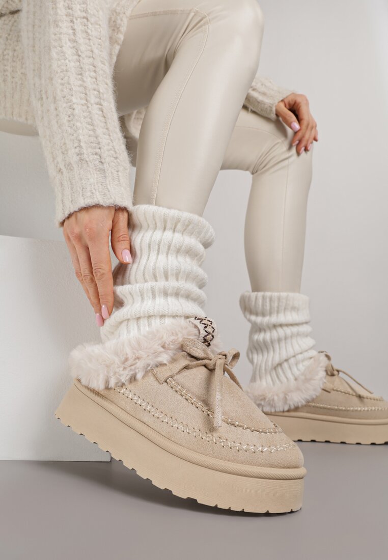 Beżowe Rustykalne Śniegowce z Niską Cholewką Zdobione Futrem i Kokardą Tuspena