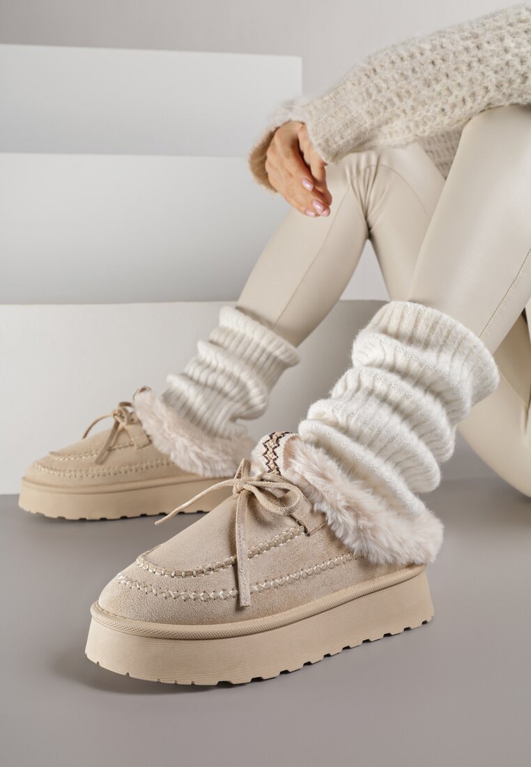 Beżowe Rustykalne Śniegowce z Niską Cholewką Zdobione Futrem i Kokardą Tuspena