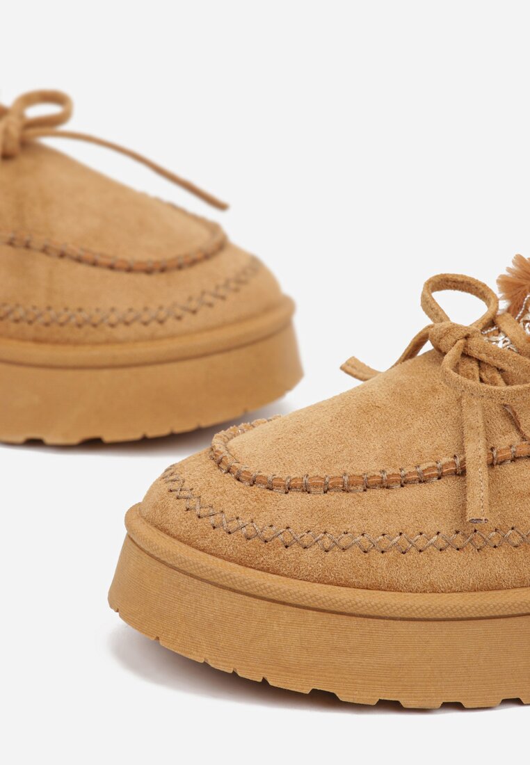 Brązowe Rustykalne Śniegowce z Niską Cholewką Zdobione Futrem i Kokardą Tuspena