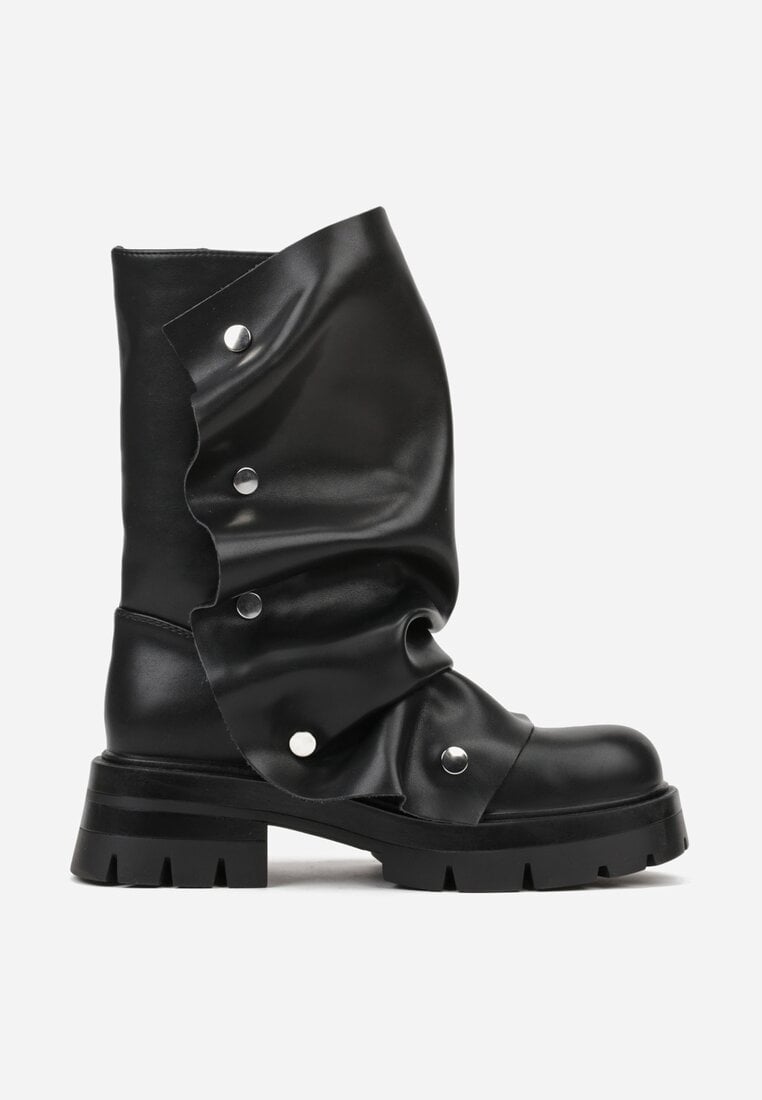 Czarne Marszczone Botki ze Zdobieniem na Napy Tusaera