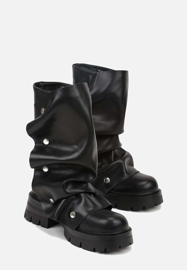 Czarne Marszczone Botki ze Zdobieniem na Napy Tusaera