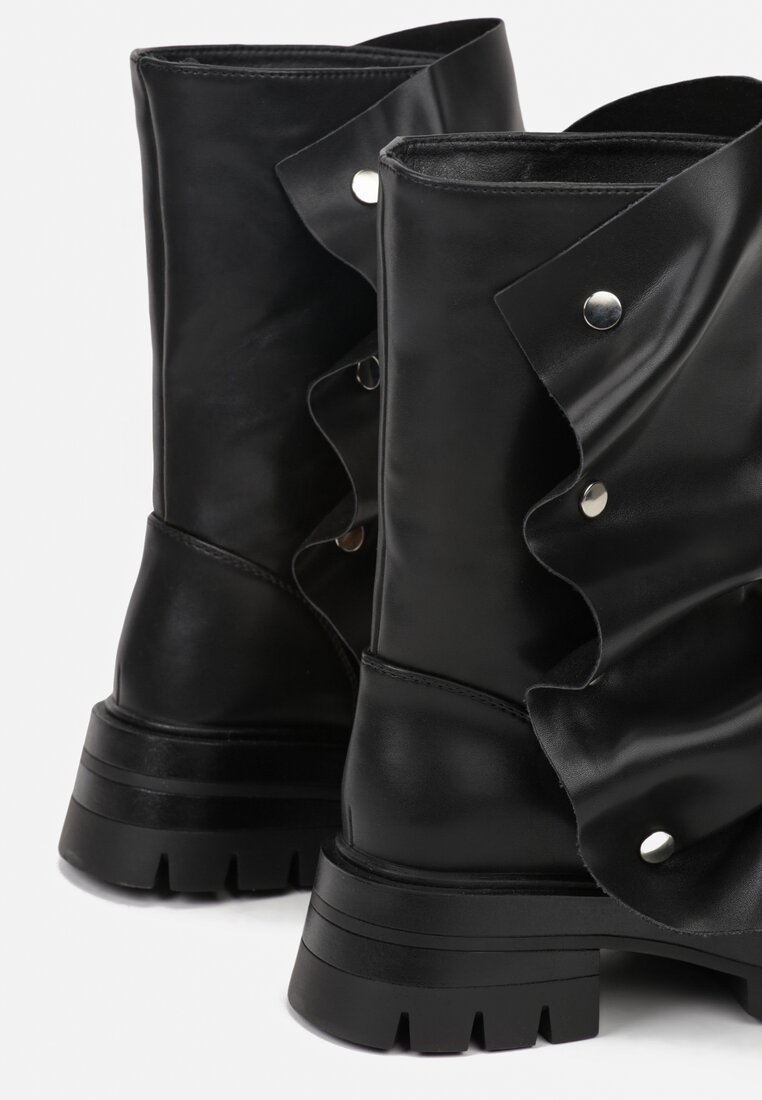 Czarne Marszczone Botki ze Zdobieniem na Napy Tusaera