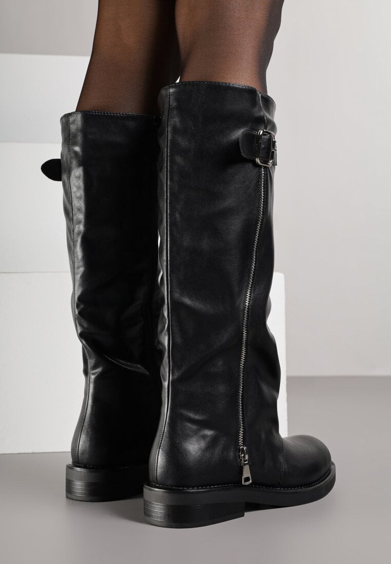 Czarne Kozaki w Stylu Bikerów z Klamrą i Suwakiem Linfara