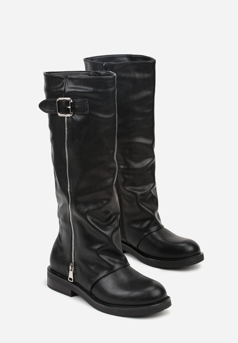 Czarne Kozaki w Stylu Bikerów z Klamrą i Suwakiem Linfara