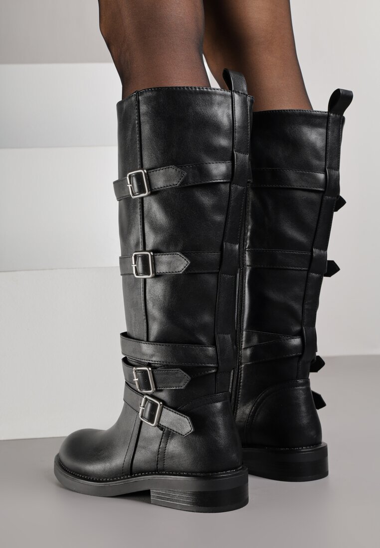 Czarne Kozaki Typu Bikery z Kwadratowymi Klamrami i Paskami Linadra