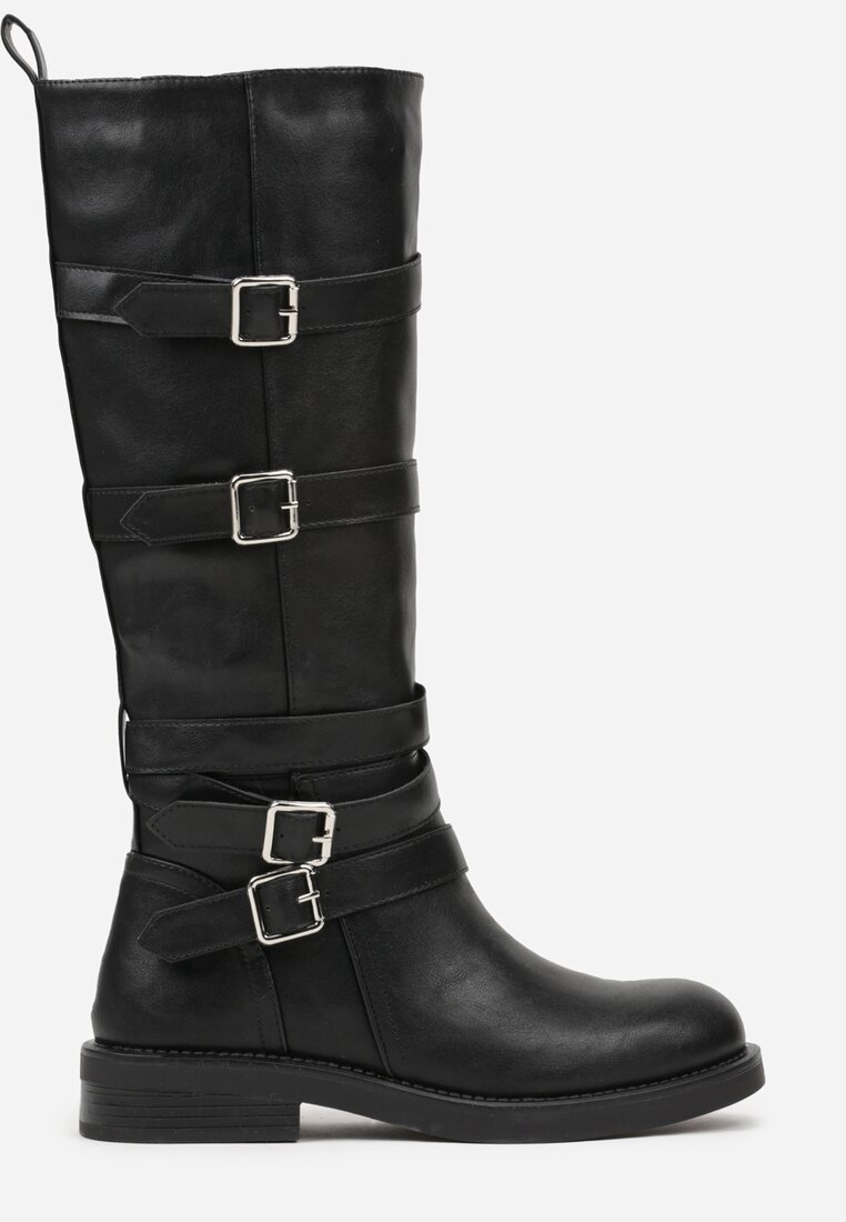 Czarne Kozaki Typu Bikery z Kwadratowymi Klamrami i Paskami Linadra