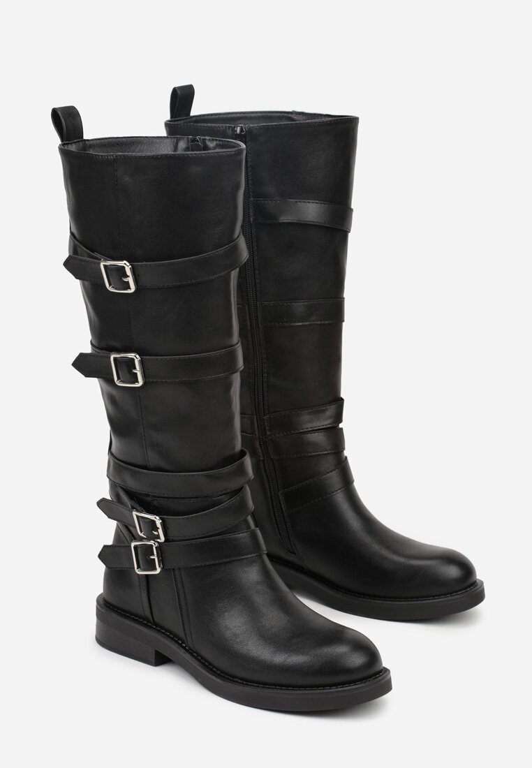 Czarne Kozaki Typu Bikery z Kwadratowymi Klamrami i Paskami Linadra