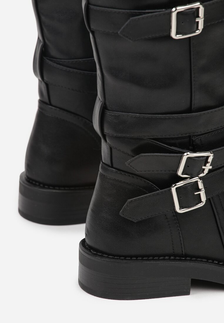 Czarne Kozaki Typu Bikery z Kwadratowymi Klamrami i Paskami Linadra