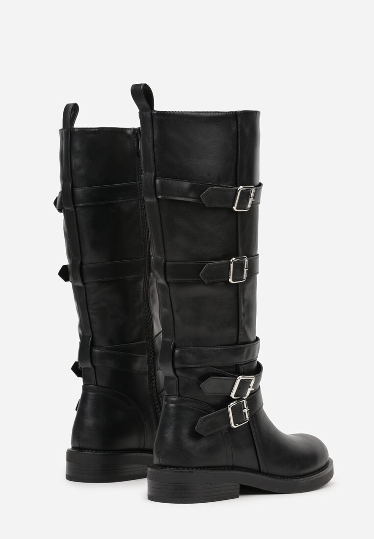 Czarne Kozaki Typu Bikery z Kwadratowymi Klamrami i Paskami Linadra