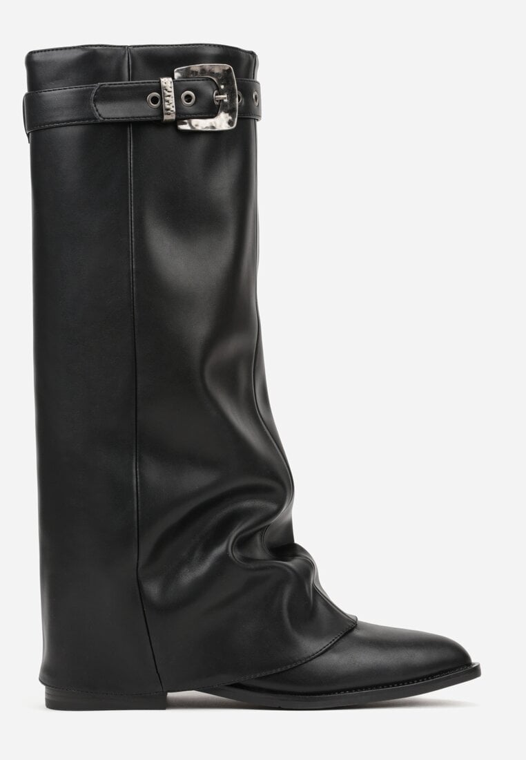 Czarne Kozaki ze Szpiczastym Noskiem i Wywiniętą Cholewką ze Sprzączką Tusenia