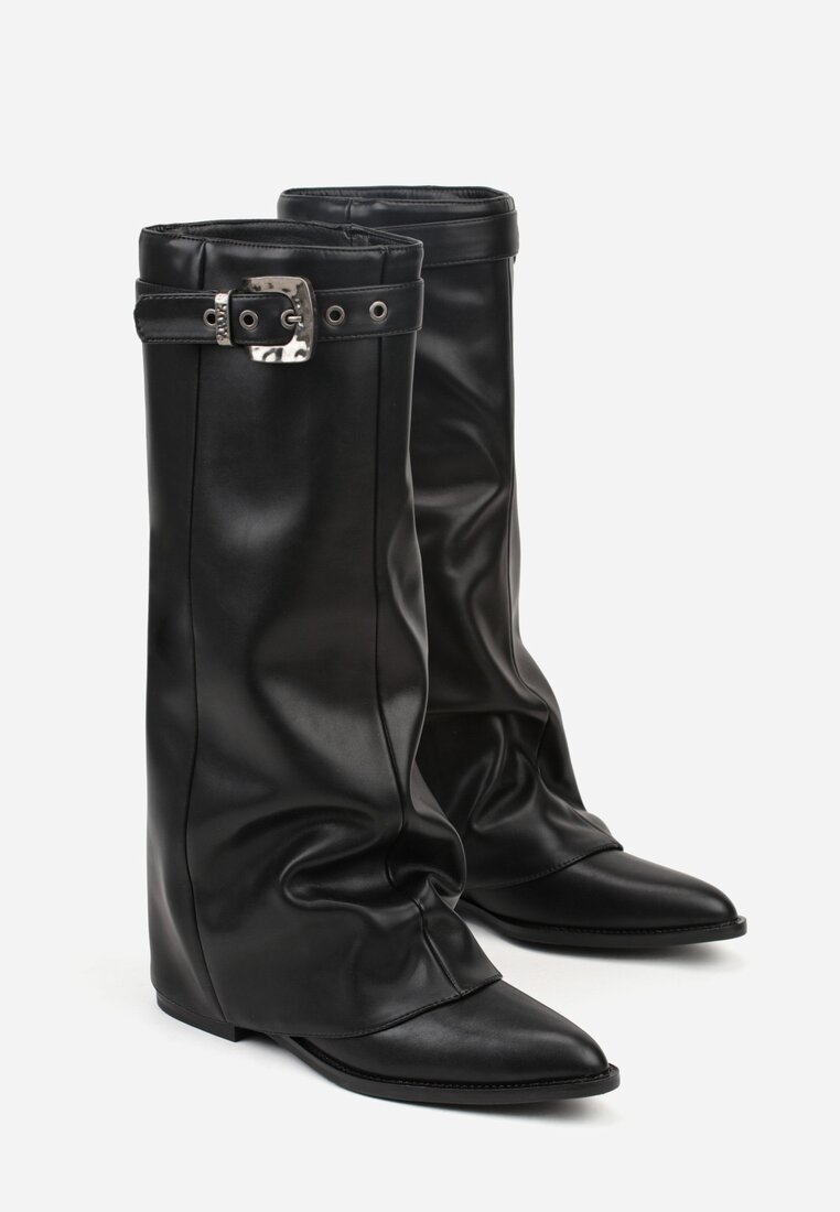 Czarne Kozaki ze Szpiczastym Noskiem i Wywiniętą Cholewką ze Sprzączką Tusenia