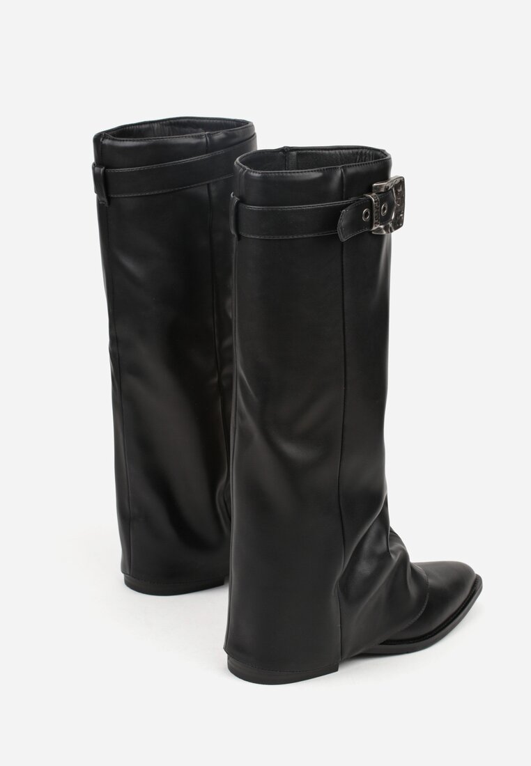 Czarne Kozaki ze Szpiczastym Noskiem i Wywiniętą Cholewką ze Sprzączką Tusenia