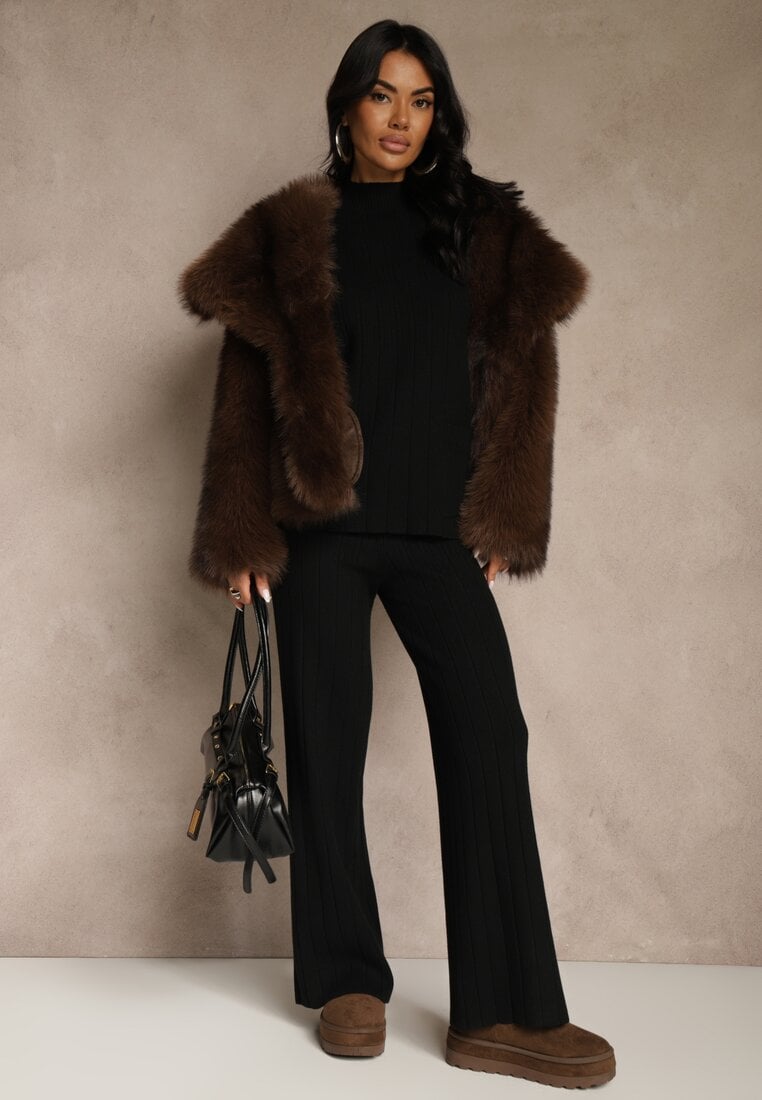 Czarny Komplet Dzianinowy Spodnie o Szerokim Kroju i Sweter Półgolf Datusa