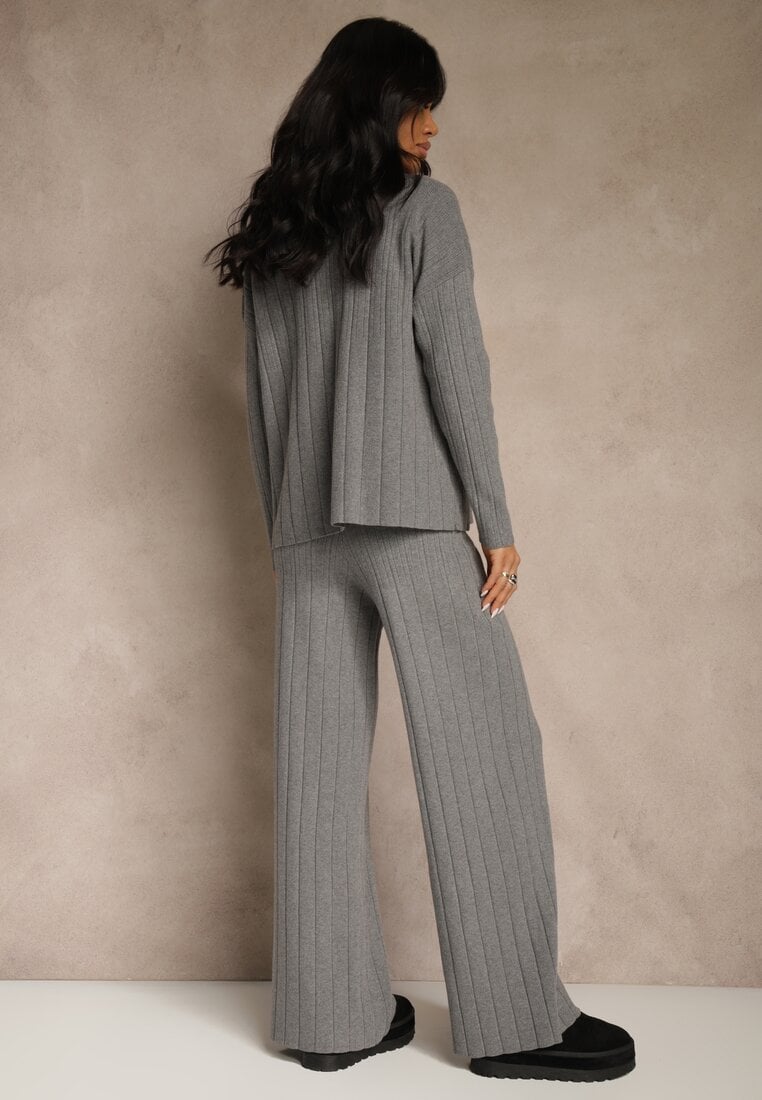 Szary Komplet Dzianinowy Spodnie o Szerokim Kroju i Sweter Półgolf Datusa