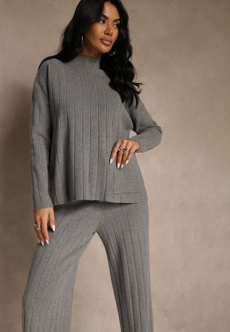 Szary Komplet Dzianinowy Spodnie o Szerokim Kroju i Sweter Półgolf Datusa