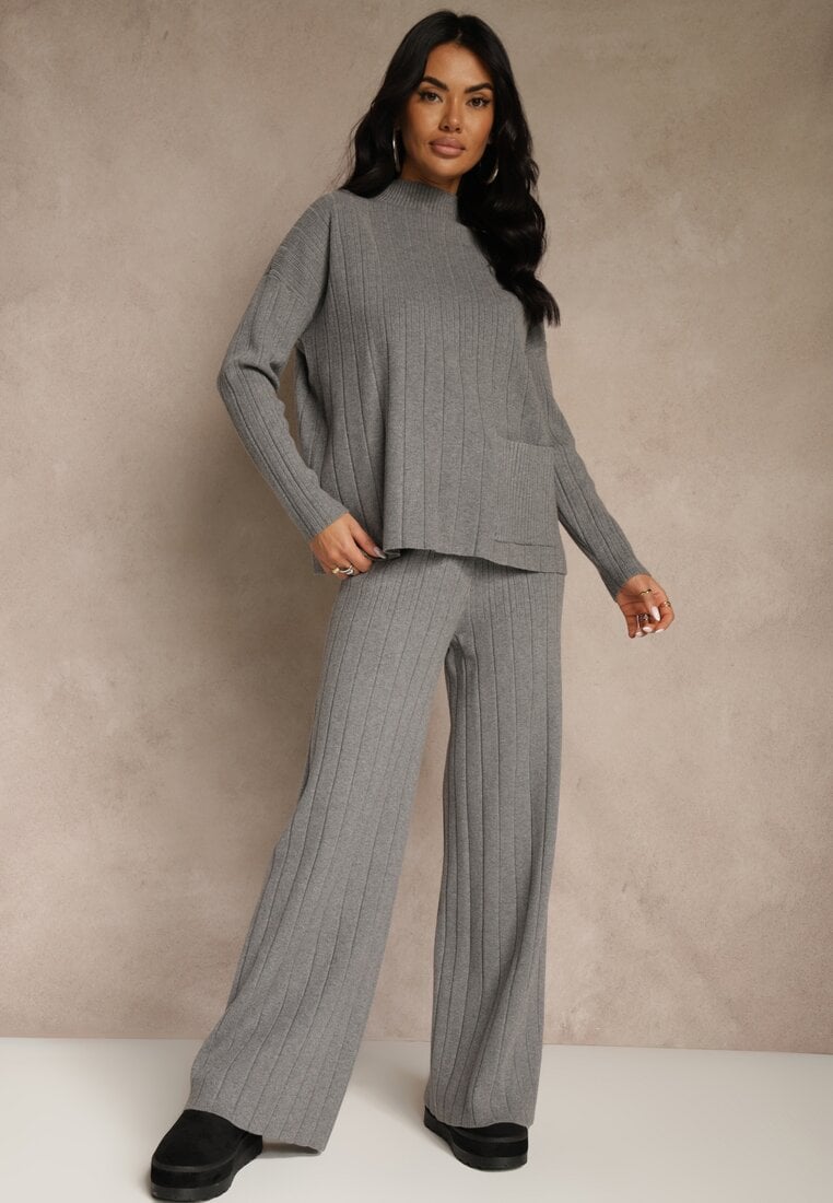 Szary Komplet Dzianinowy Spodnie o Szerokim Kroju i Sweter Półgolf Datusa
