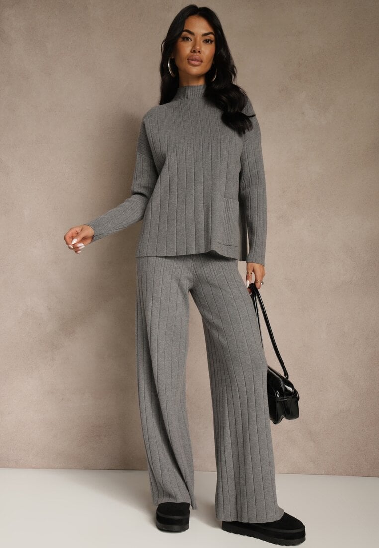 Szary Komplet Dzianinowy Spodnie o Szerokim Kroju i Sweter Półgolf Datusa