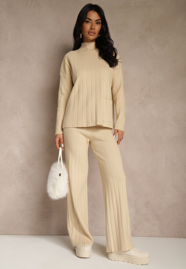Beżowy Komplet Dzianinowy Spodnie o Szerokim Kroju i Sweter Półgolf Datusa