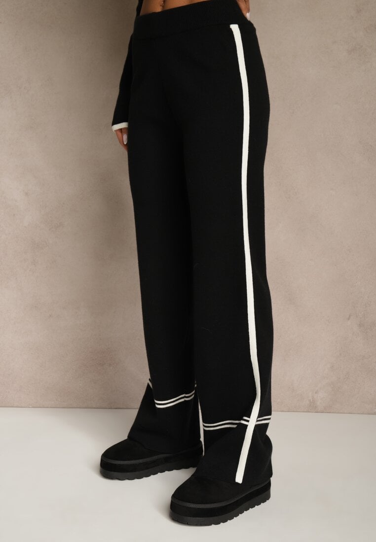 Czarny Komplet Dzianinowy Sweter i Spodnie o Szerokim Kroju Ozdobione Lamówką Wedara