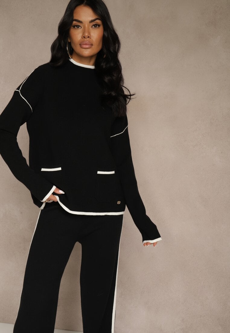 Czarny Komplet Dzianinowy Sweter i Spodnie o Szerokim Kroju Ozdobione Lamówką Wedara