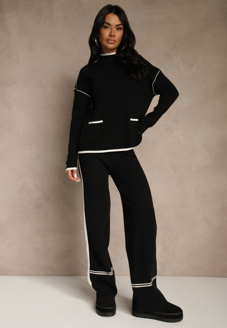 Czarny Komplet Dzianinowy Sweter i Spodnie o Szerokim Kroju Ozdobione Lamówką Wedara