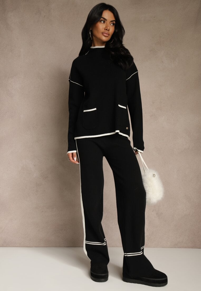 Czarny Komplet Dzianinowy Sweter i Spodnie o Szerokim Kroju Ozdobione Lamówką Wedara