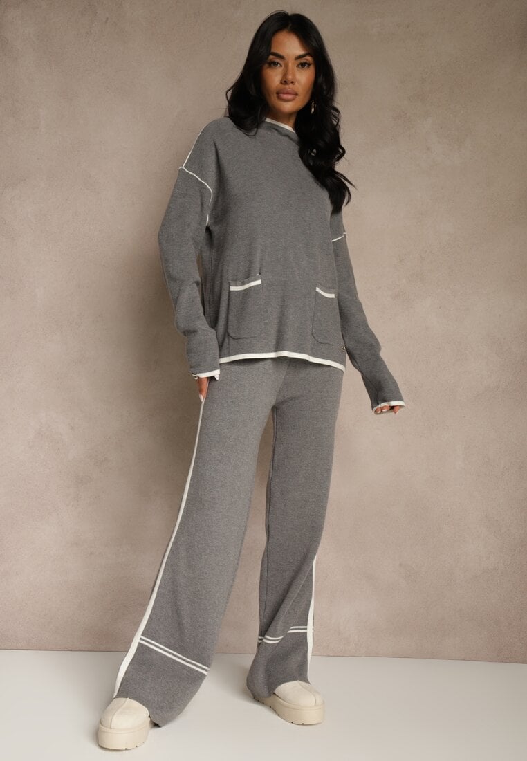 Szary Komplet Dzianinowy Sweter i Spodnie o Szerokim Kroju Ozdobione Lamówką Wedara