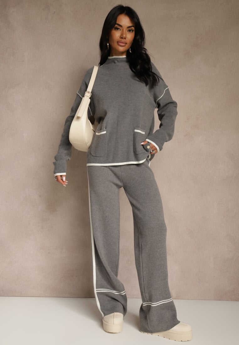 Szary Komplet Dzianinowy Sweter i Spodnie o Szerokim Kroju Ozdobione Lamówką Wedara