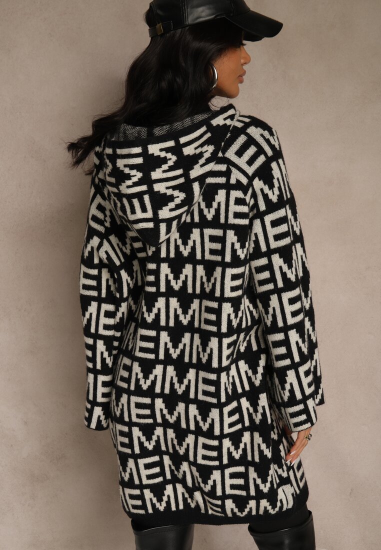 Czarno-Biały Kardigan na Suwak z Kapturem w Literowy Wzór Calitusa