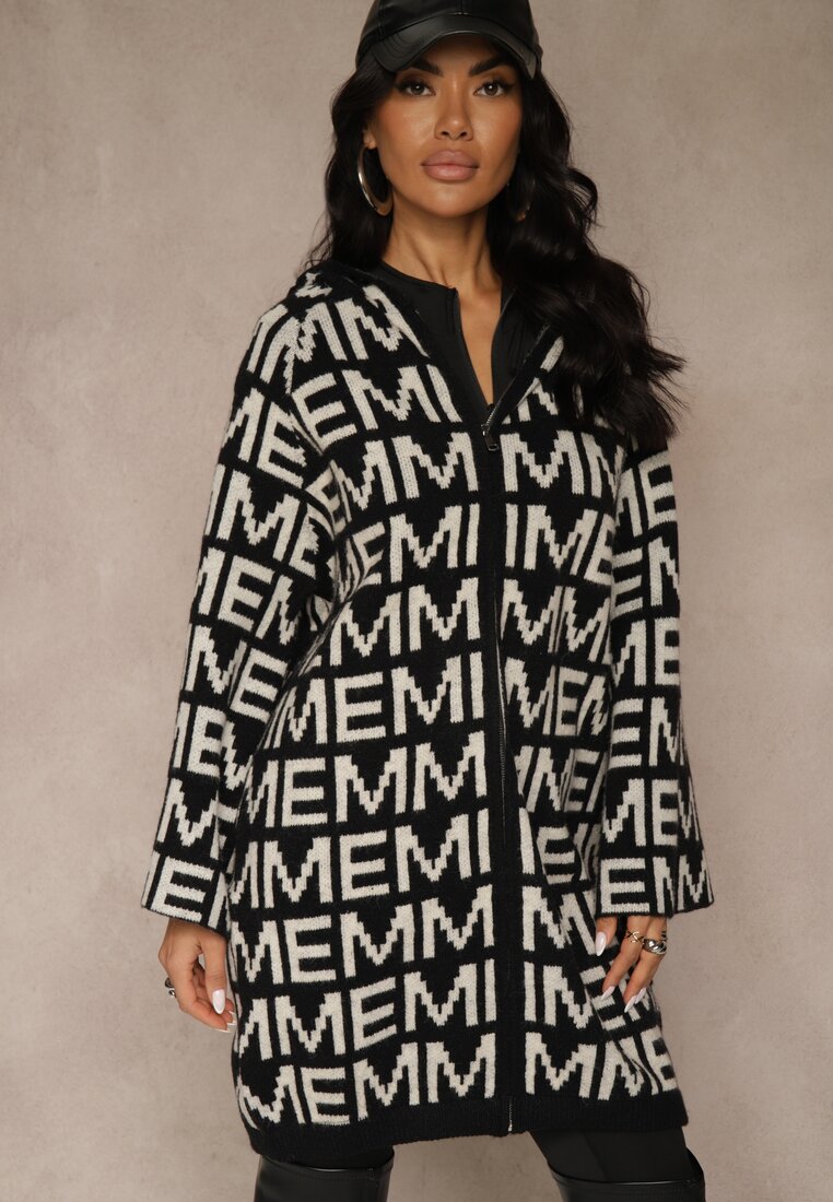 Czarno-Biały Kardigan na Suwak z Kapturem w Literowy Wzór Calitusa