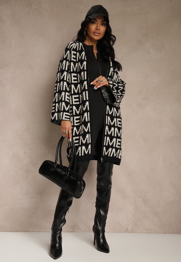 Czarno-Biały Kardigan na Suwak z Kapturem w Literowy Wzór Calitusa