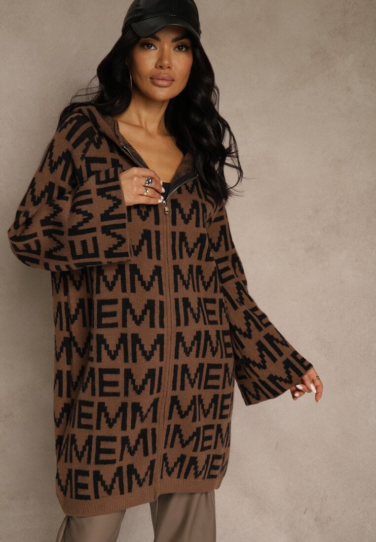 Brązowo-Czarny Kardigan na Suwak z Kapturem w Literowy Wzór Calitusa