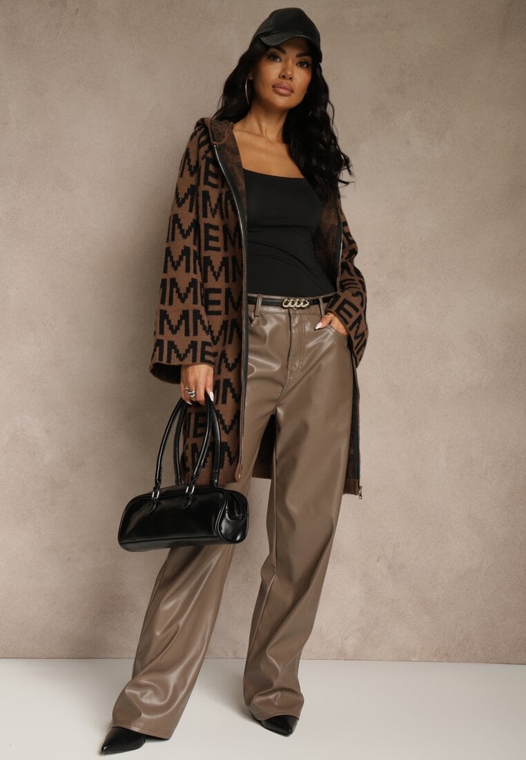 Brązowo-Czarny Kardigan na Suwak z Kapturem w Literowy Wzór Calitusa