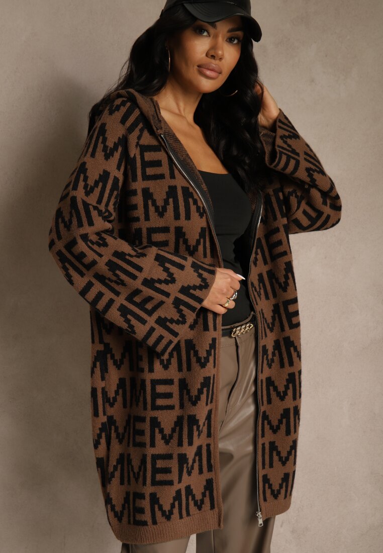 Brązowo-Czarny Kardigan na Suwak z Kapturem w Literowy Wzór Calitusa