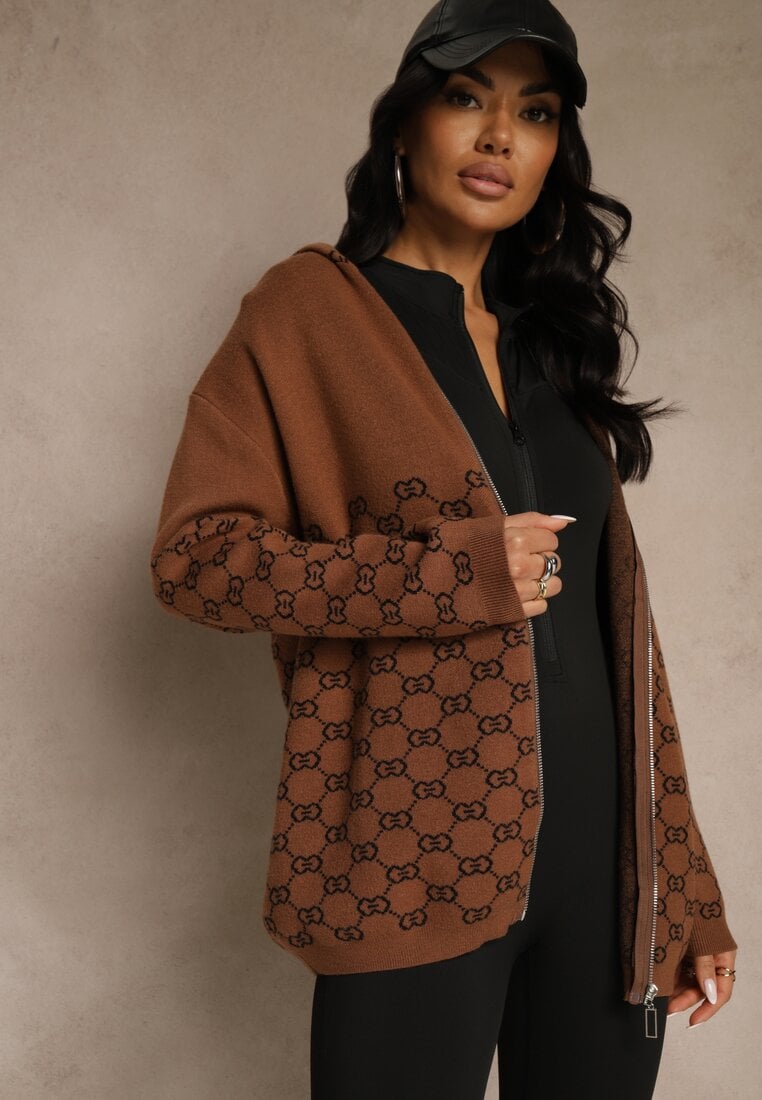 Brązowy Rozpinany Kardigan z Kapturem z Geometrycznym Wzorem Neratusa