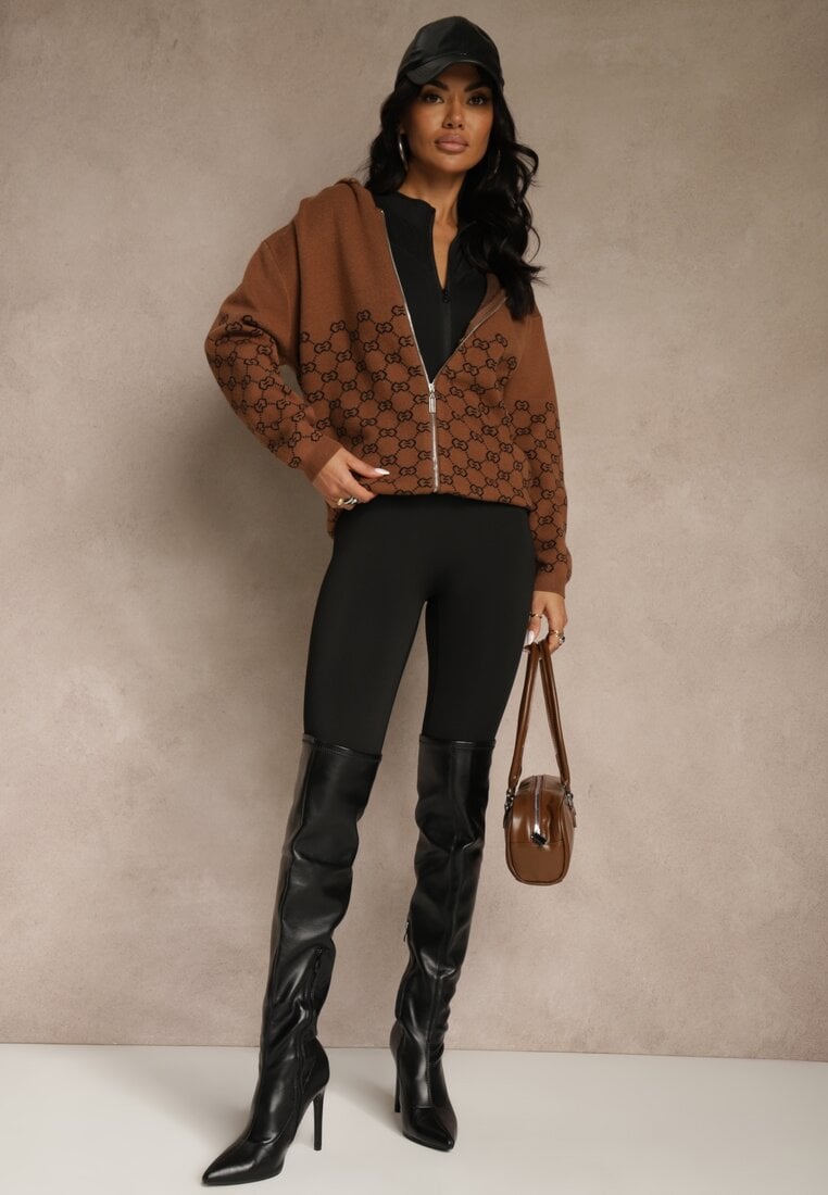 Brązowy Rozpinany Kardigan z Kapturem z Geometrycznym Wzorem Neratusa