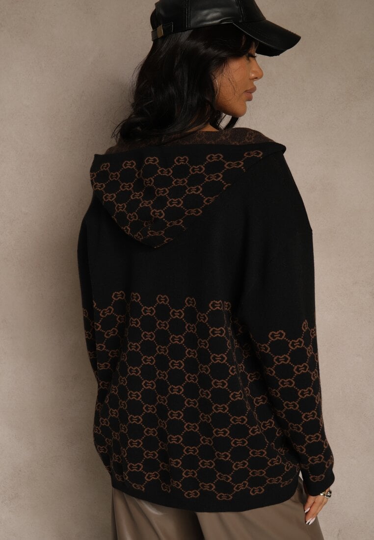 Czarny Rozpinany Kardigan z Kapturem z Geometrycznym Wzorem Neratusa