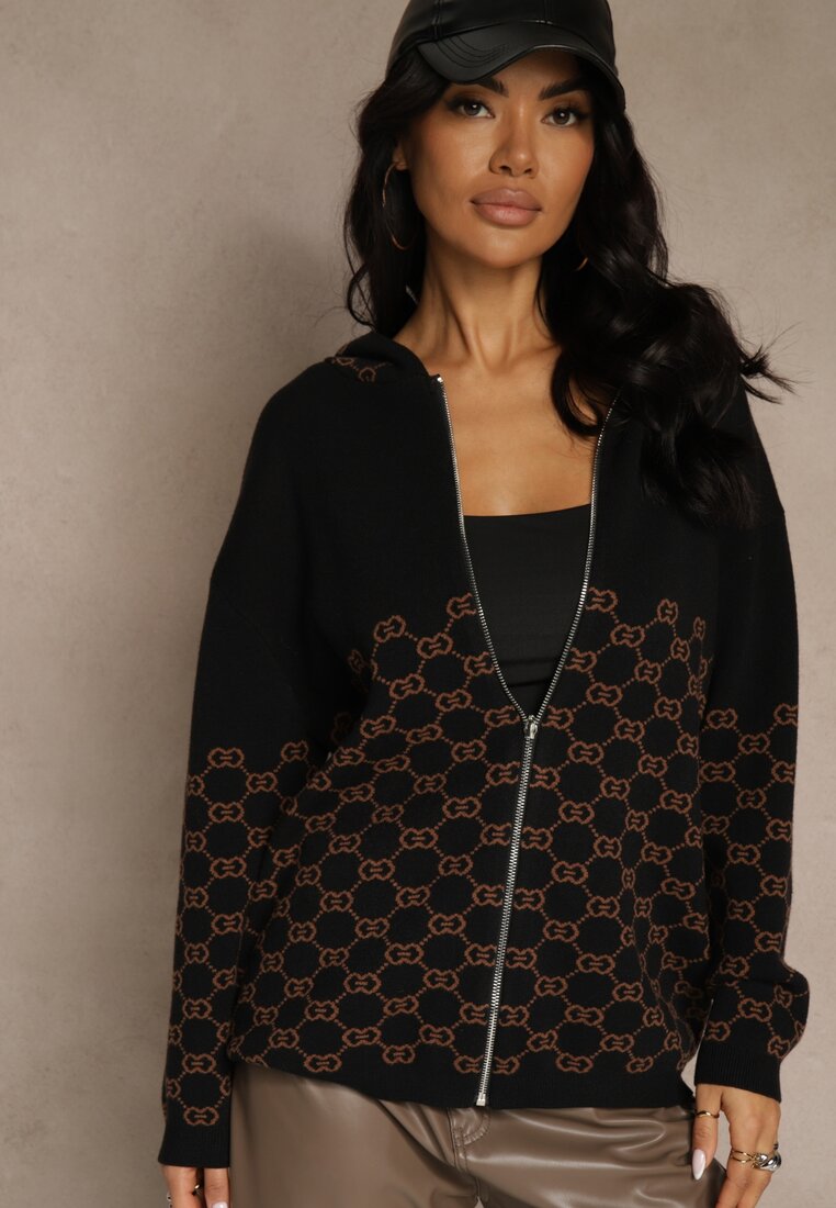 Czarny Rozpinany Kardigan z Kapturem z Geometrycznym Wzorem Neratusa