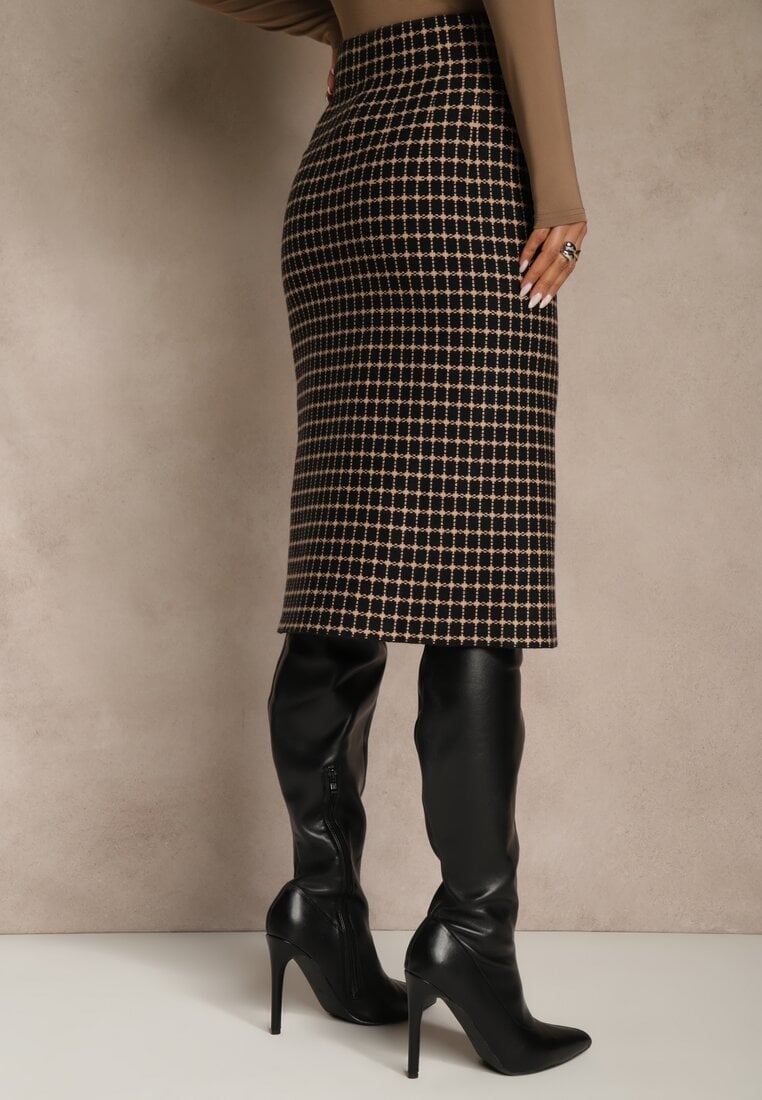 Czarno-Beżowa Tweedowa Spódnica Ołówkowa w Kratę z Guzikami Aretusa