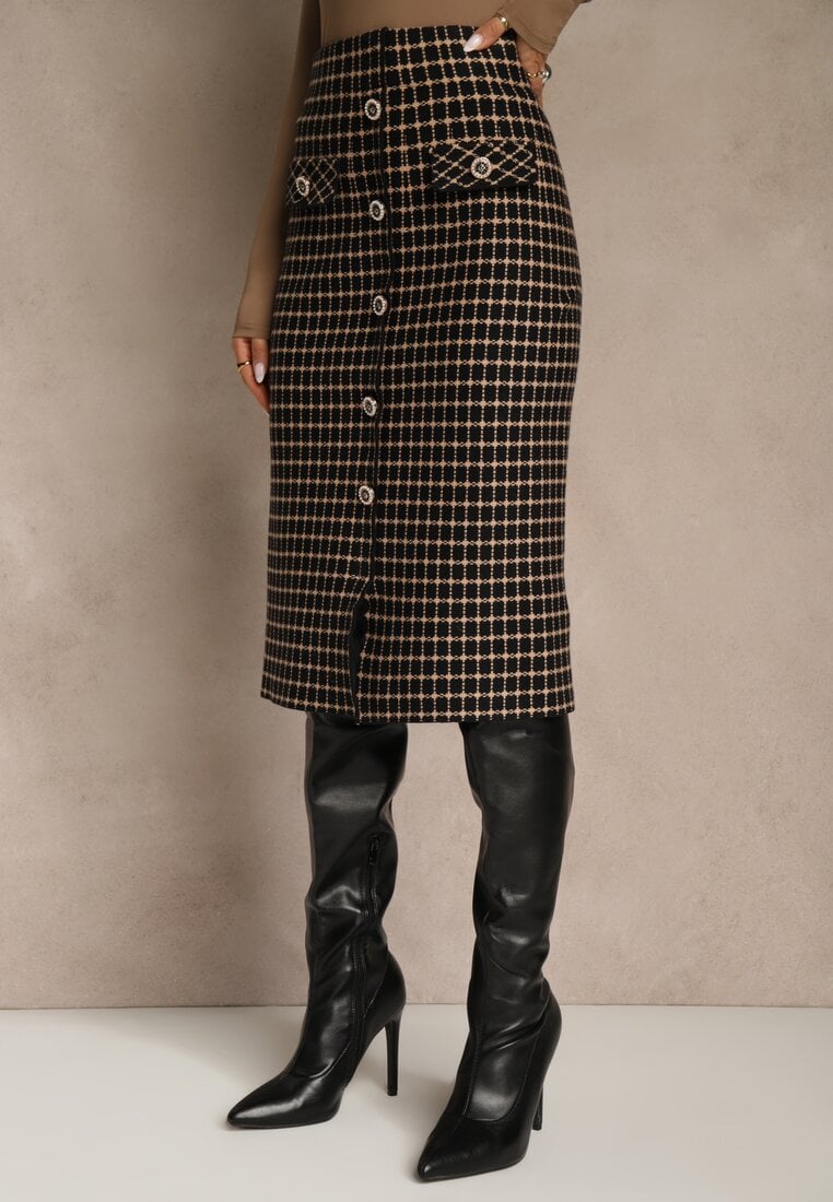 Czarno-Beżowa Tweedowa Spódnica Ołówkowa w Kratę z Guzikami Aretusa