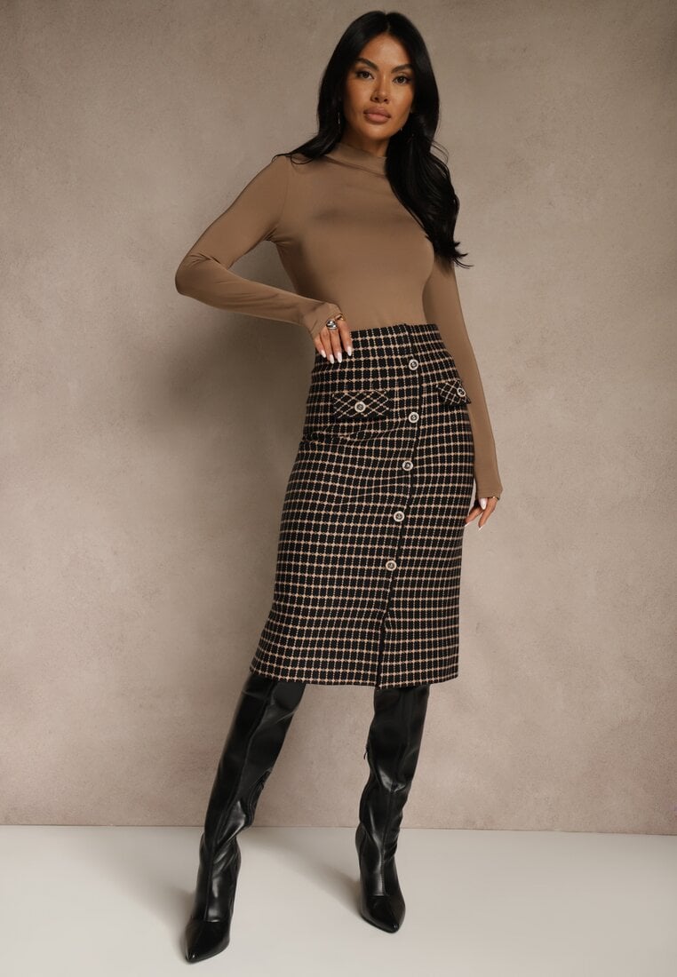 Czarno-Beżowa Tweedowa Spódnica Ołówkowa w Kratę z Guzikami Aretusa