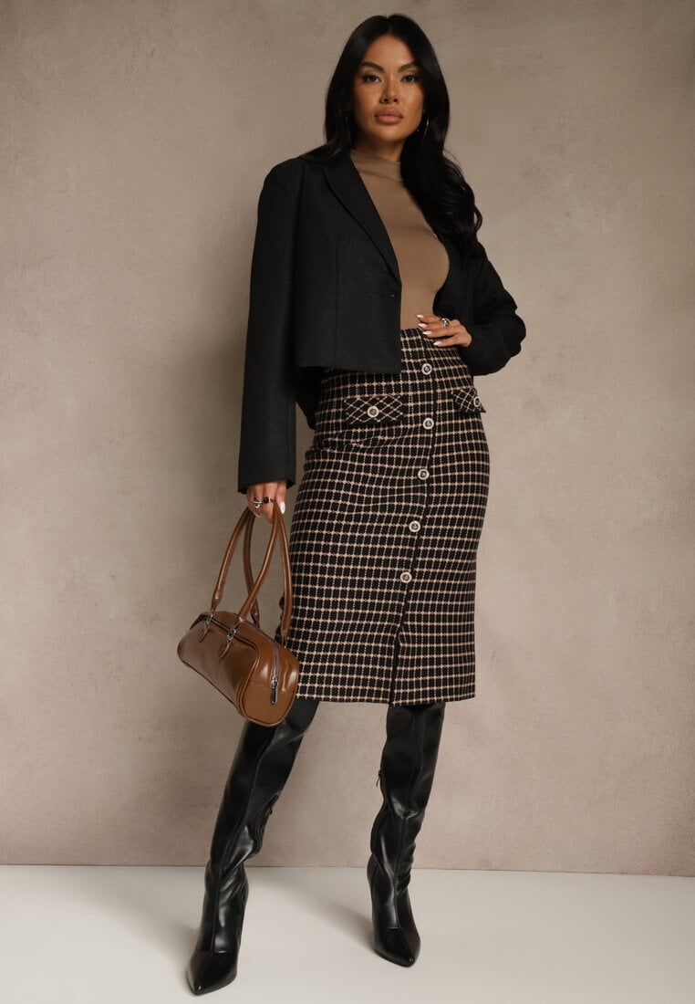 Czarno-Beżowa Tweedowa Spódnica Ołówkowa w Kratę z Guzikami Aretusa