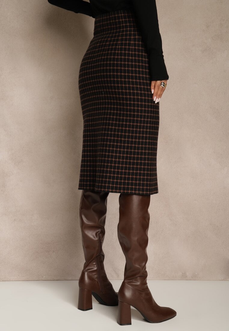 Czarna Tweedowa Spódnica Ołówkowa w Kratę z Guzikami Aretusa