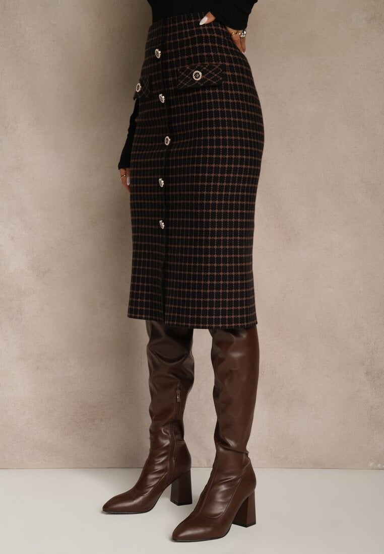 Czarna Tweedowa Spódnica Ołówkowa w Kratę z Guzikami Aretusa