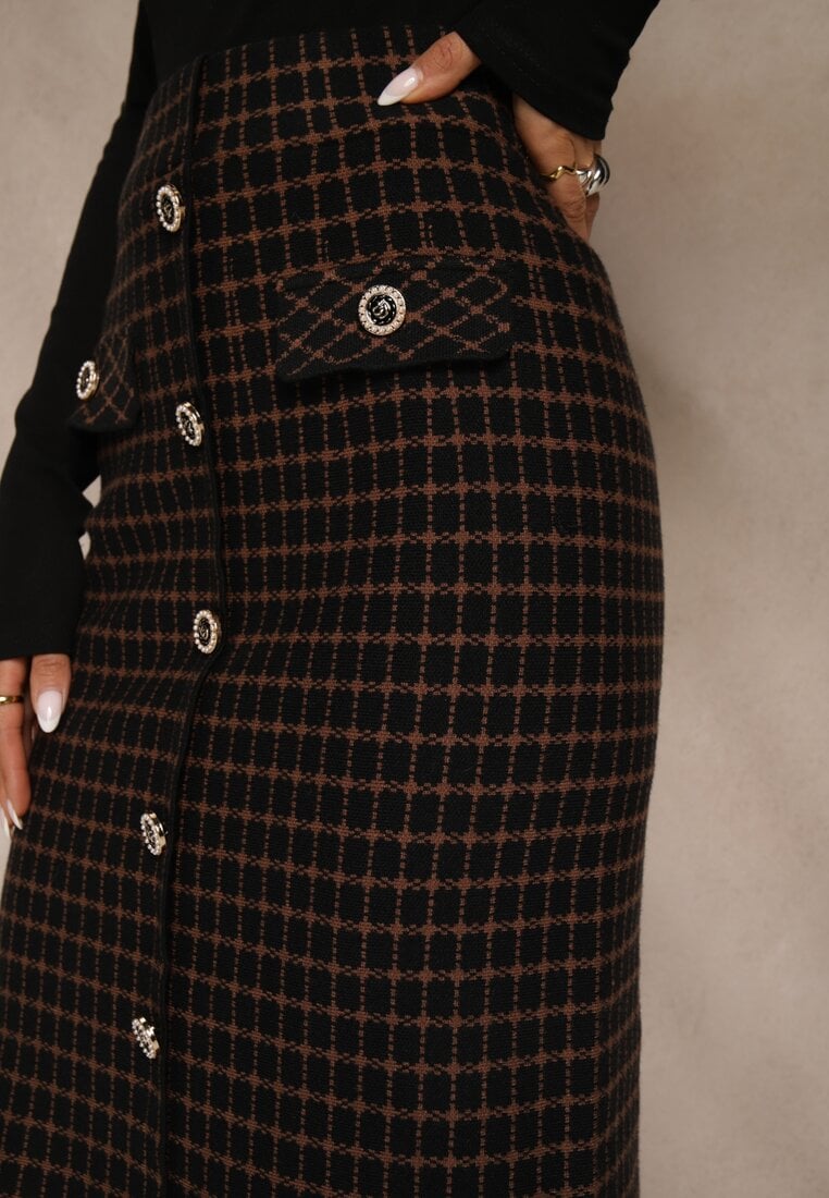Czarna Tweedowa Spódnica Ołówkowa w Kratę z Guzikami Aretusa