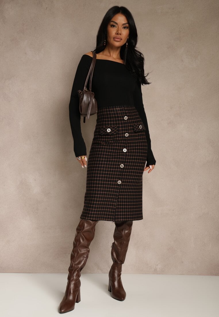 Czarna Tweedowa Spódnica Ołówkowa w Kratę z Guzikami Aretusa