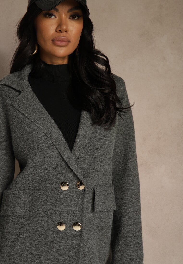 Szary Płaszcz Dwurzędowy o Długim Kroju w Eleganckim Stylu Saratusa