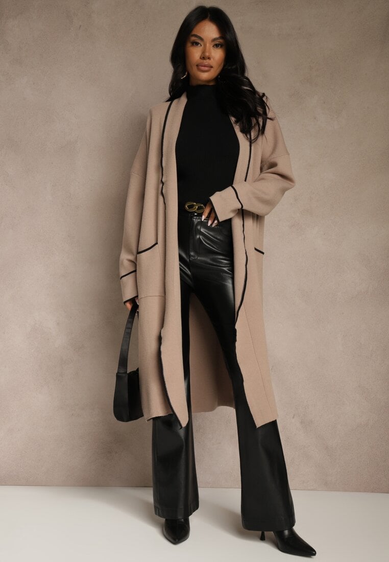 Beżowy Niezapinany Kardigan o Długim Kroju z Lamówką Venisse